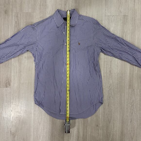 Ralph Lauren Polo Men Long Sleeve Blue Stripe L Classic Fit Button Up Brown Pony - Picture 1 of 9